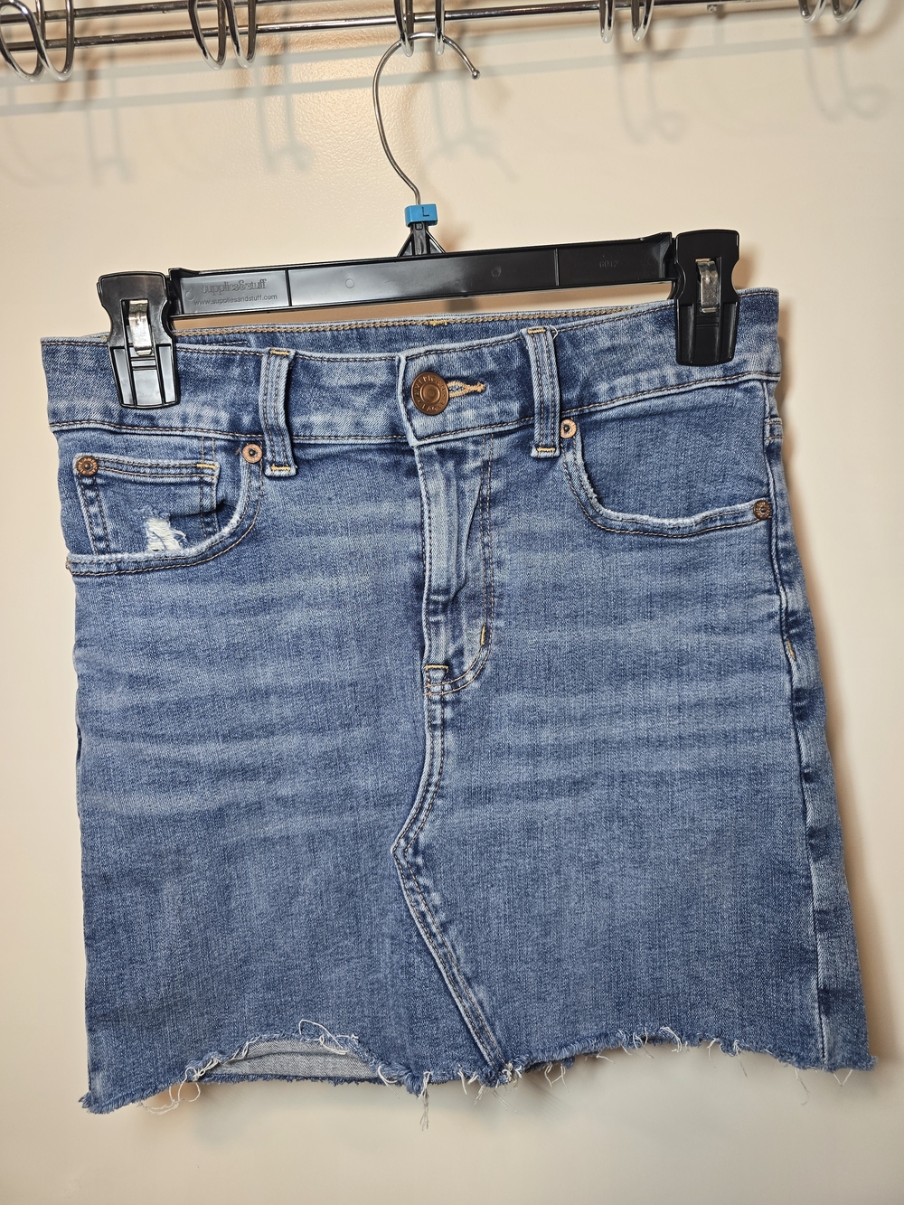 American Eagle Light Blue Denim Hi Rise Mini Skirt with Contrast Stitching
